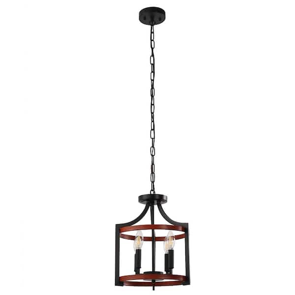 Briignite 4-Light Black and Dark Wood Grain Cage Pendant Light, Rustic Industrial Semi-Flush Mount Ceiling Fixture for Dining Room