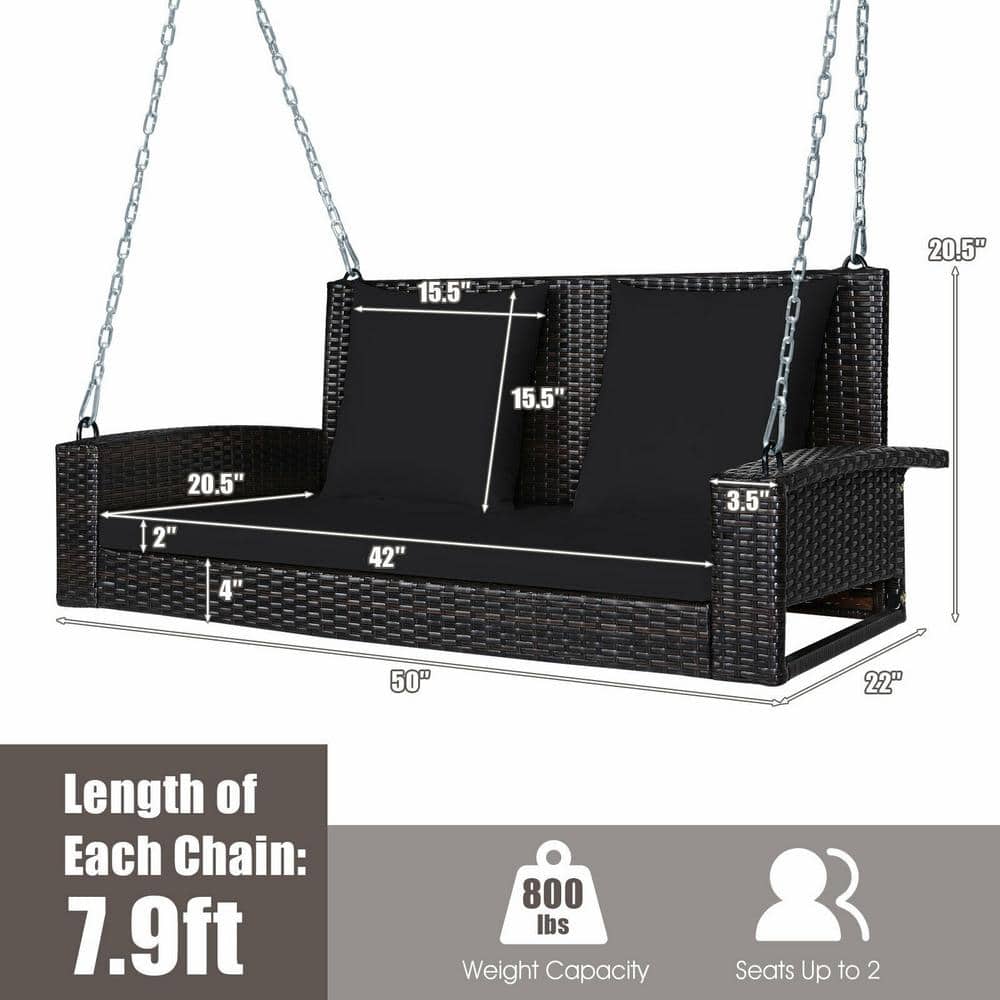 Black Wicker 2-Person Patio Swing with Cushions