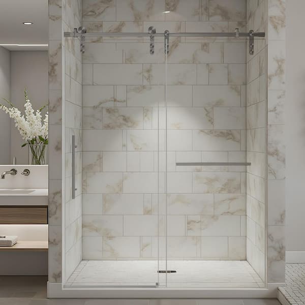 44-48 in. W x 76 in. H Frameless Single Sliding Shower Door with 5/16 in. Clear Glass, Stainless Steel, Brushed Nickel