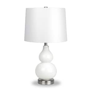 21 in. White Glam Integrated LED Bedside Table Lamp with White Fabric Shade