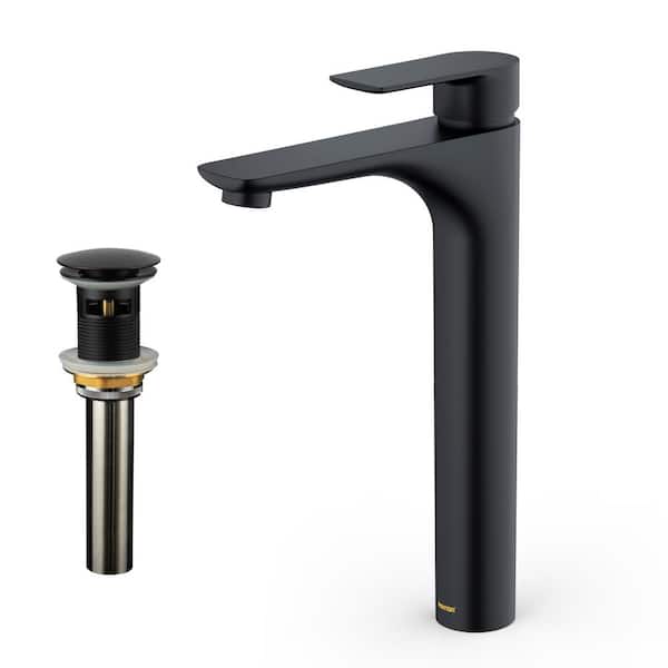 Karran Kayes Single Handle Single Hole Vessel Bathroom Faucet with Matching Pop-Up Drain in Matte Black