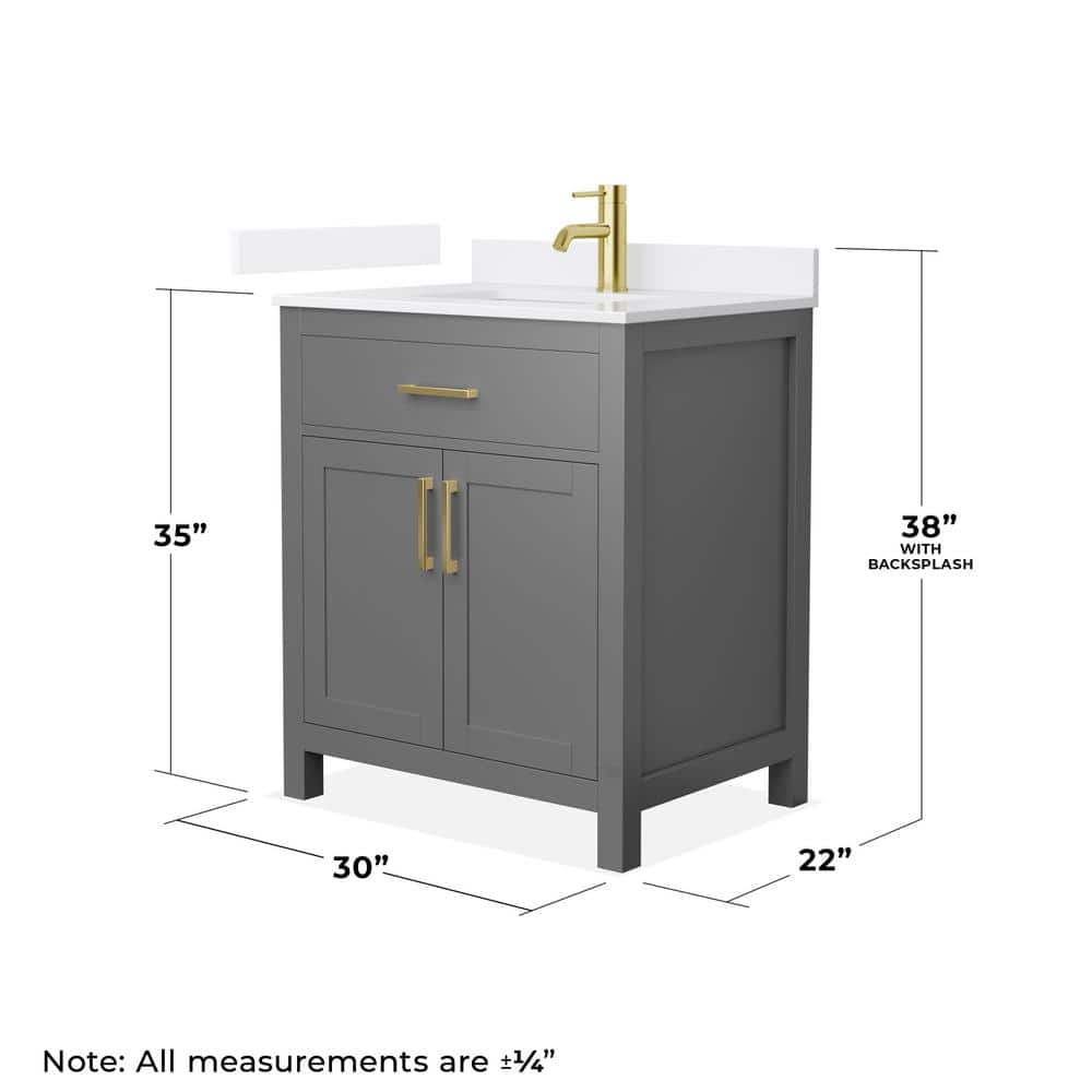 Beckett 30" Dark Gray Wood Vanity with White Quartz Top and Gold Trim