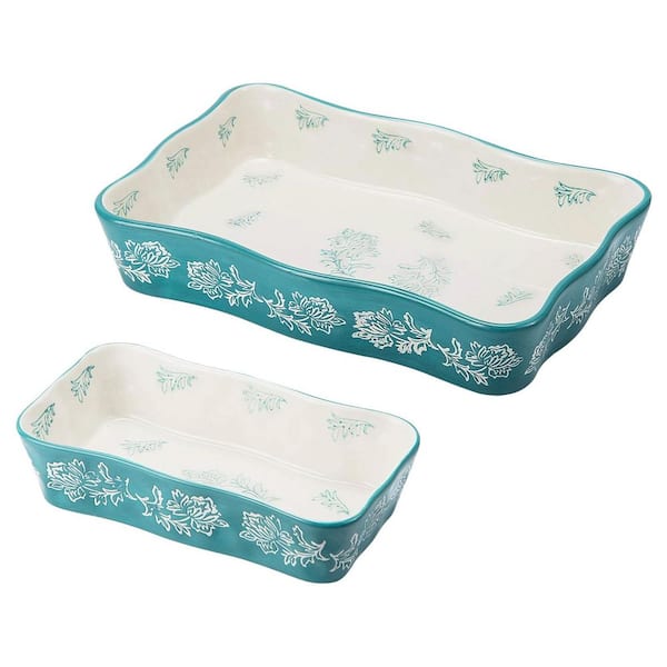 Ceramic Rectangular Bakeware Set with Wavy Side and Black Hand Painted Flower Pattern Baking Dish 2-Pcs