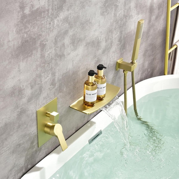 1-Handle 1-Spray Wall-Mount Waterfall Tub and Shower Faucet 2.5 GPM with Hand Shower in Brushed Gold (Valve Included)