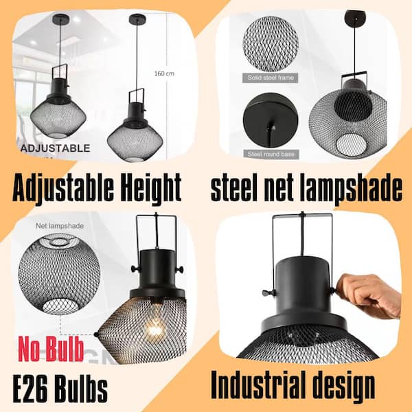 Industrial 1-Light Black Pendant Light with No Glass Steel Net Shade and No Light Bulb Included