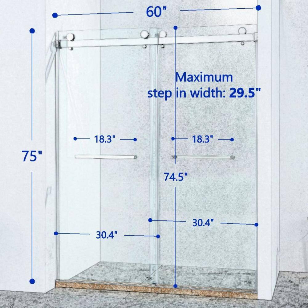 56-60" Frameless Clear Glass Double Sliding Shower Door in Matte Black