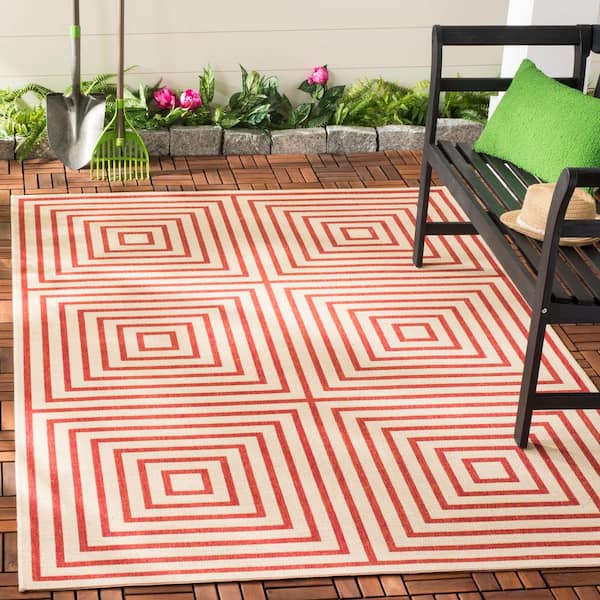 Beach House Red/Creme Doormat 2 ft. x 4 ft. Fretwork Geometric Indoor/Outdoor Area Rug