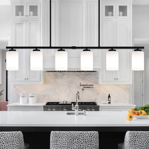 ZSMIHDOH 6-Light Black Modern Kitchen Island Light Fixture,Linear Chandelier Pendant Hanging Light with White Frosted Glass Shade