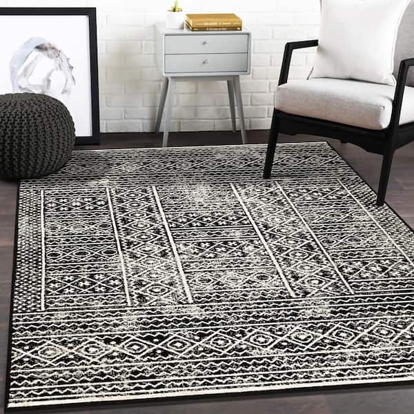 Navajo Black 4 ft. x 6 ft. Floral Geometric Border Indoor Area Rug