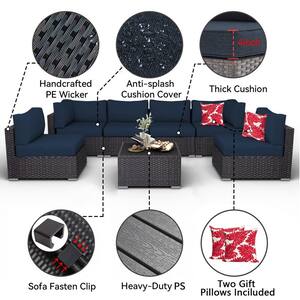 7-Piece Wicker Patio Conversation Set with Navy Cushions and Pillows, also Rain Resistant Sofa Cover