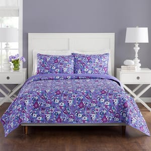 Enchanted Garden 3-Piece Purple Polyester Full/Queen Quilt Set