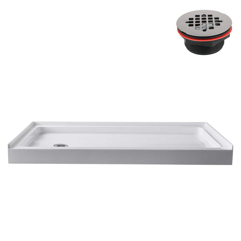 Glossy White Rectangular Acrylic Alcove Shower Base with Left Drain