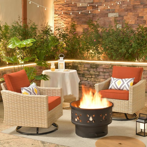 weaxty W Camelia Beige 3-Piece Wicker Patio Fire Pit Swivel Rocking Chair Seating Set with Orange Red Cushions