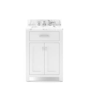 Madison 24 in. W x 21.5 in. D x 34 in. H Single Sink Bath Vanity in Pure White with Carrara White Marble Top