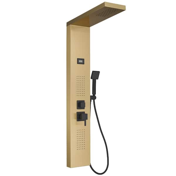 BWE 2-Jet Rainfall Shower Panel System with Rainfall Shower Head and Shower Wand in Black Gold