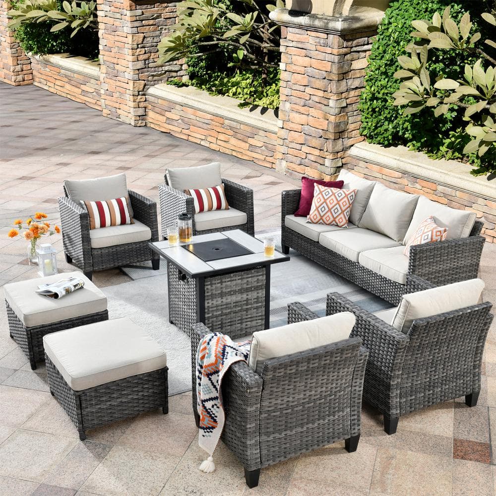 OVIOS Positano Gray 8-Piece Wicker Patio Fire Pit Conversation Set with ...