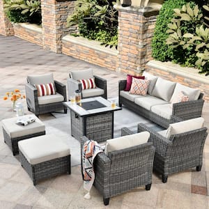Positano Gray 8-Piece Wicker Patio Fire Pit Conversation Set with Beige Cushions
