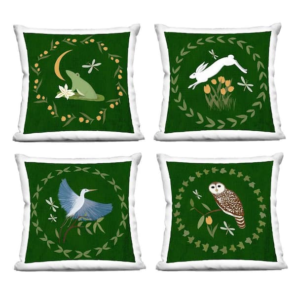 Stupell Industries Animals with Circular Wreaths Green Floral Polyester 18 in. x 18 in. Throw Pillow, (Set of 4)