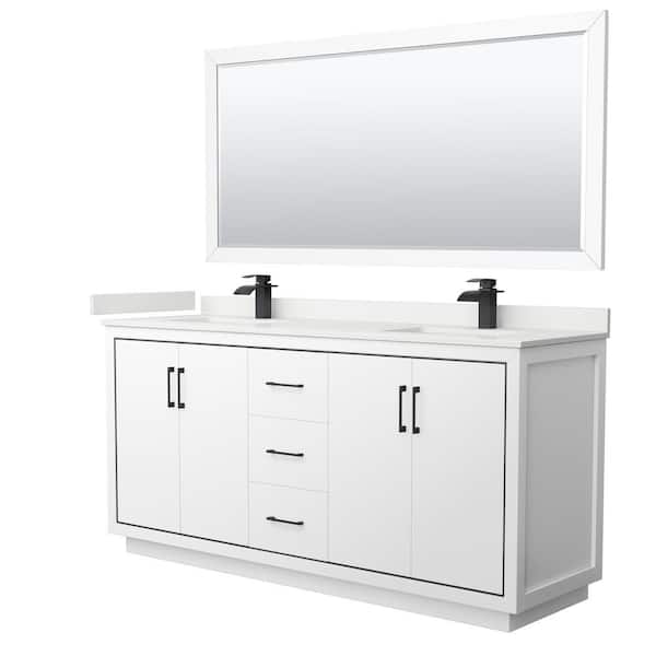 Wyndham Collection Icon 72 in. W x 22 in. D x 35 in. H Double Bath Vanity in White with White Quartz Top and 70 in. Mirror
