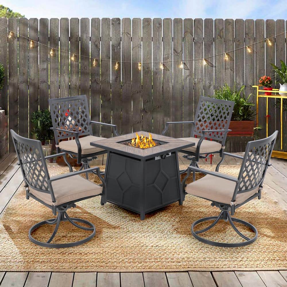 PHI VILLA 5-Piece TerrFab Material Patio Fire Pit Set, 4 Metal Back Swivel Rockers with Beige Cushion - 3