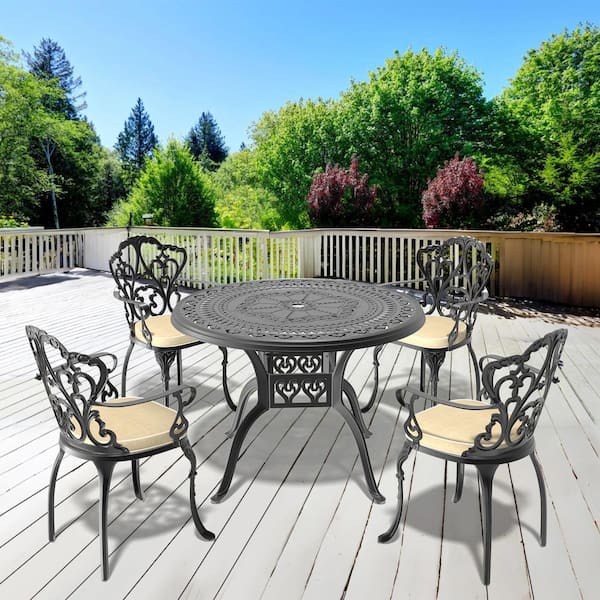 Willit Lily Black 5-Piece Cast Aluminum Outdoor Dining Set with Round Table and Dining Chairs with Random Color Cushion