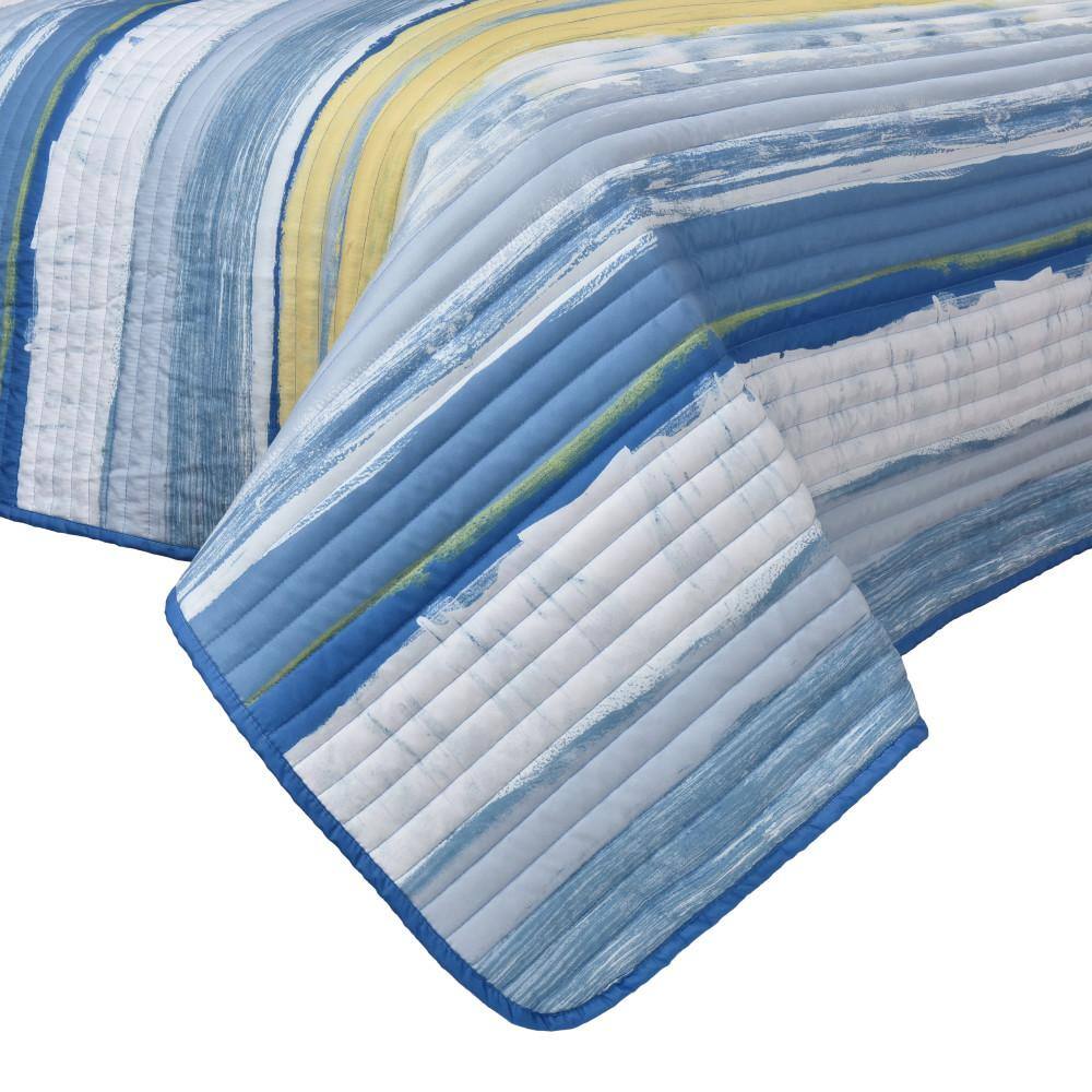 Nautical Blue Microfiber Queen Quilt Set with Stripes