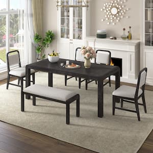 6-Piece Espresso Wood Top Extendable Dining Set Seats 6 with a 12 in. Removable Leaf, 4 Beige Gray Linen Chairs 1 Bench