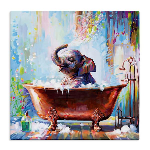 Stupell Industries Splashing Baby Elephant by Leon Devenice Unframed Animal Graphic Art Print 17 in. x 17 in.