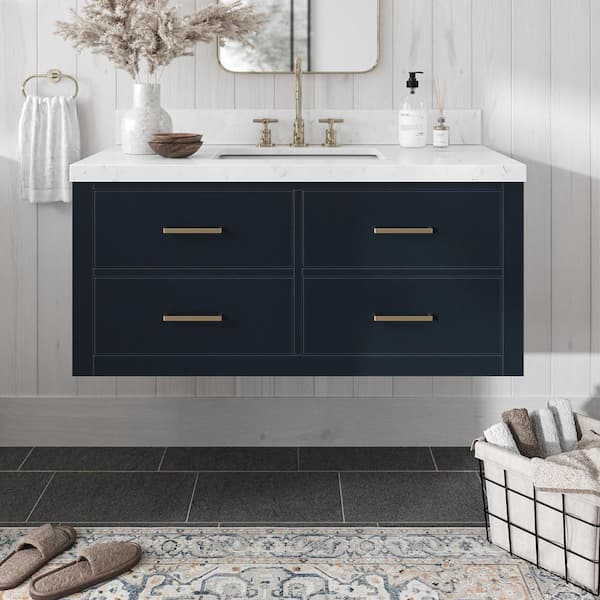 ARIEL Hutton 42.25 in. W x 22 in. D x 19.6 in. H Single Sink Freestanding Bath Vanity in Midnight Blue with Carrara Quartz Top