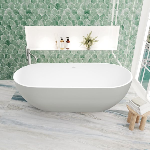 FORCLOVER 59 in. x 30 in. Solid Surface Soaking Bathtub with Center Drain in Matte White