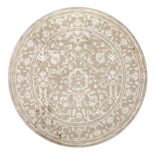 Antep Rugs Babil Beige 5 ft. 3 in. Round Vintage Floral Boho Distressed Bohemian High Low Textured Indoor Area Rug