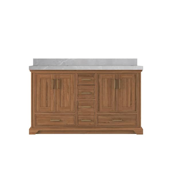 Willow Collections Charlotte Teak 60 in. W x 22 in. D x 36 in. H Double Sink Bath Vanity in Dark Natural with 2 in. Pearl Gray Quartz Top