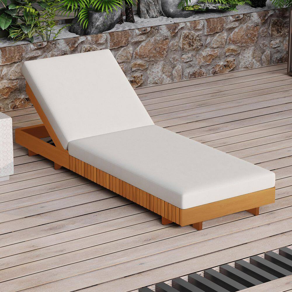Bade Patio Solid Wood Adjustable Backrest Outdoor Chaise Lounge with Cream Cushion, Copper Teak Finish