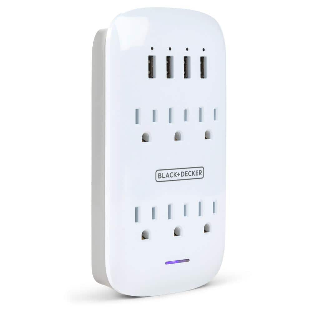 BLACK+DECKER White 6 Grounded Outlets Surge Protector Wall Mount with 4