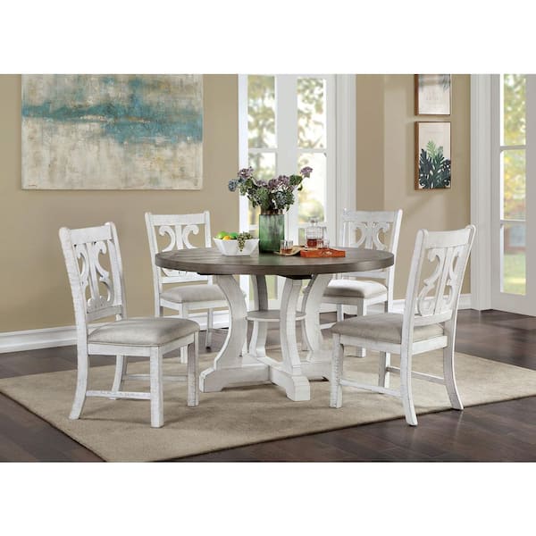 Furniture of America Wicks 5-Piece Round Distressed White and Gray Wood Top Dining Table Set