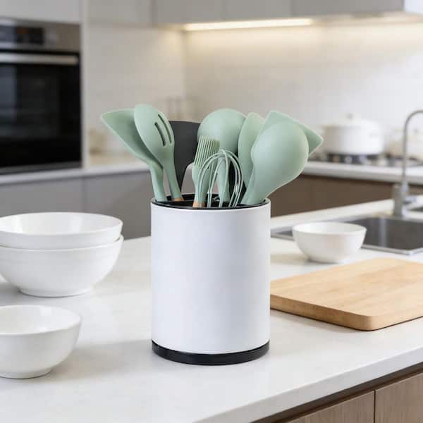 White Stainless Steel Kitchen Utensil Holder with 3 Compartment, Extra Large 360° Rotating for Counter Organize