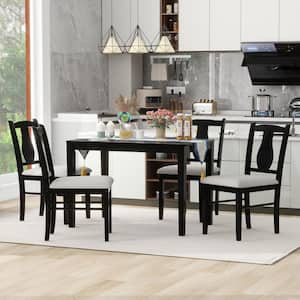 5-Piece Ebony Black Oak Veneer Rectangle Dining Table Set with 4 Upholstered Chairs for Kitchen and Dining Room