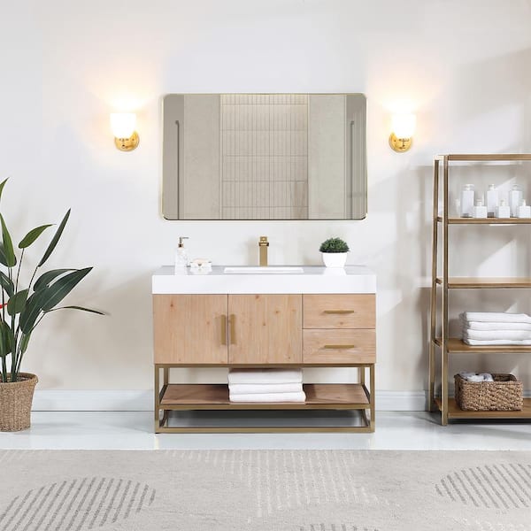 Altair Bianco 48 in. W x 22 in. D x 34 in. H Single Sink Bath Vanity in Light Brown with White Composite Stone Top and Mirror