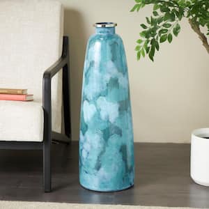 Teal Handmade Glass Decorative Vase with Silver Rim