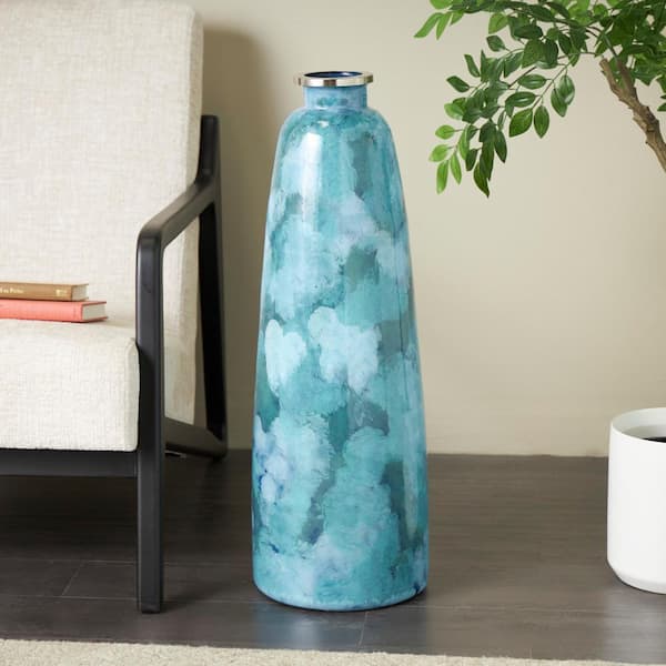 Litton Lane Teal Handmade Glass Decorative Vase with Silver Rim