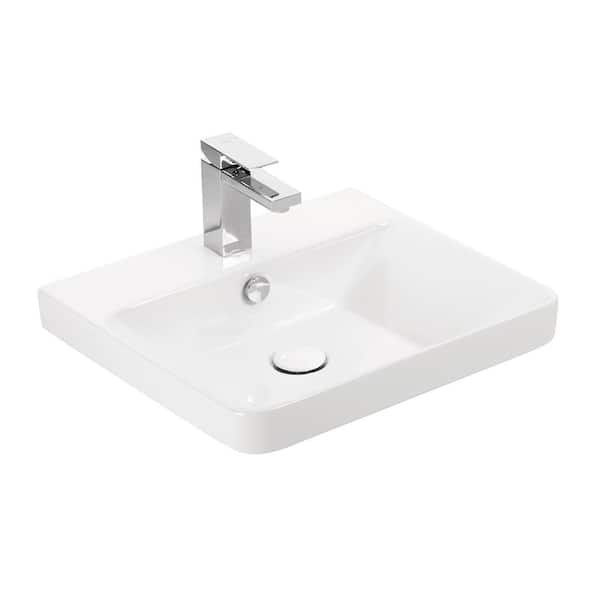 WS Bath Collections Luxury 50 WG Wall Mount or Drop-In Rectangular Bathroom Sink in Glossy White with Single Faucet Hole
