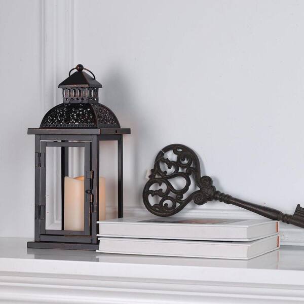 15 in. x 5 in. Black Metal Vintage Lantern with LED Candle