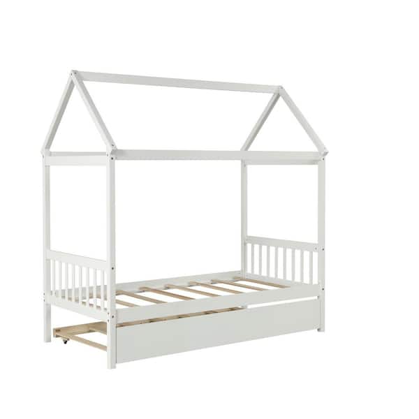 White Wood Frame Twin Size Platform Bed with House-Shaped Design and Trundle