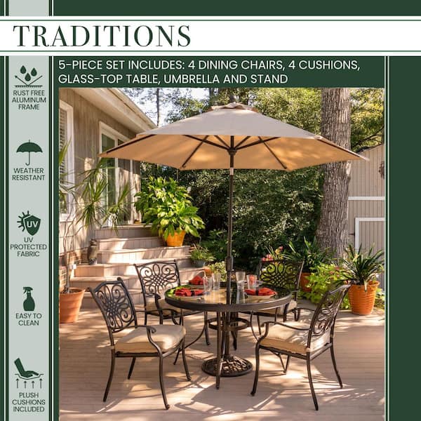 Hanover Traditions 5 Piece Aluminum Outdoor Dining Set With Round Glass Top Table Umbrella And Base With Natural Oat Cushions Traddn5pcg Su The Home Depot