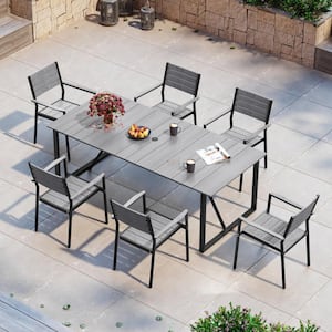 82.7 in Aluminum Rectangular Frame Patio Outdoor Dining Table with Wooden-Like Top and Umbrella Hole in Gray