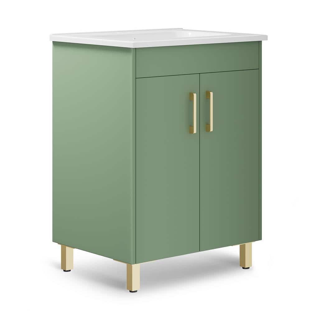 24 in. Single Sink Freestanding in Green Bath Vanity with white Ceramic Top