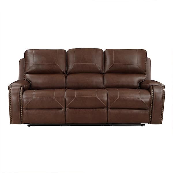 Homelegance Logansport 87 in. W Straight Arm Faux Leather Rectangle Double Reclining Sofa with Center Drop-Down Cup Holders in Brown