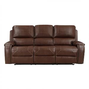 Logansport 87 in. W Straight Arm Faux Leather Rectangle Double Reclining Sofa with Center Drop-Down Cup Holders in Brown