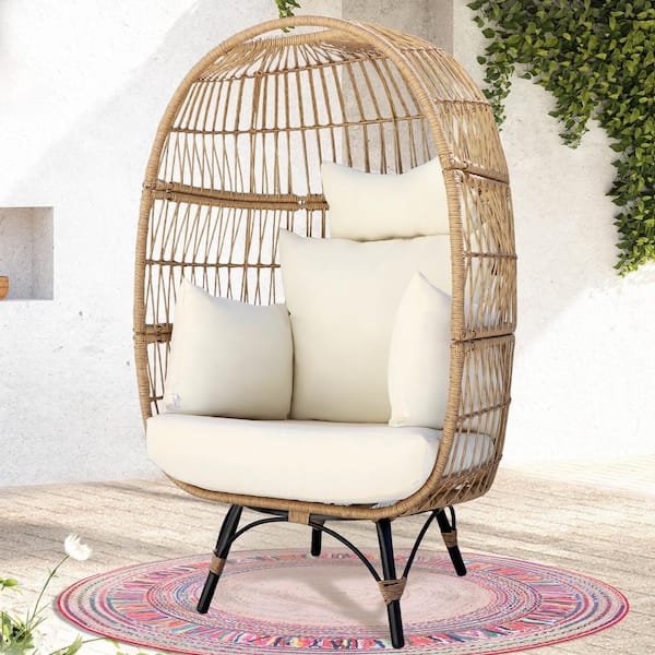 GOOGIC Patio Wicker Egg Chair, Egg Basket Chair with Cushion, Outdoor Patio  Lounge Basket with Stand for Patio Backyard Porch - Beige