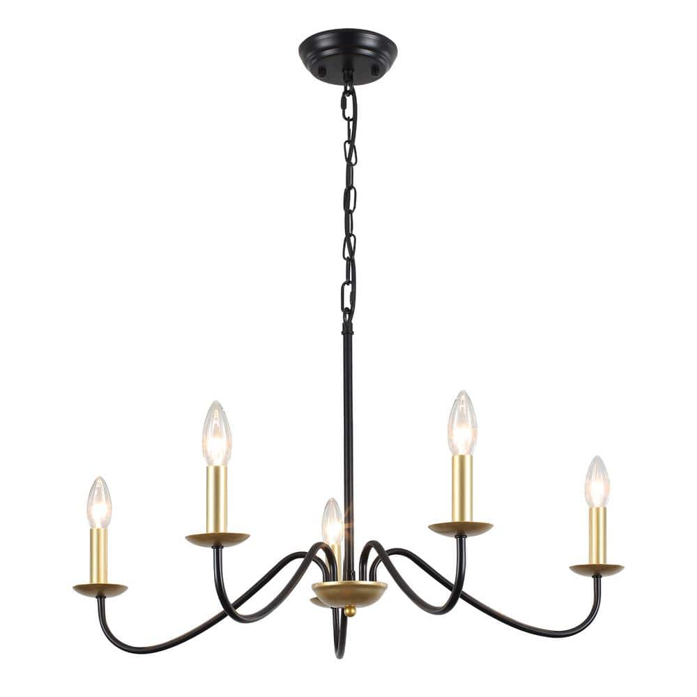 5-Light Black and Gold Farmhouse Candle Style Rustic Chandelier for Kitchen